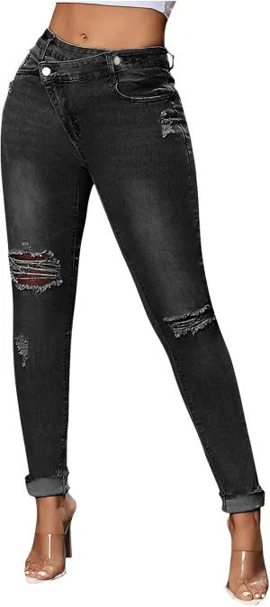 Womens Jeans 2024 Retro Raw Hem Skinny Ankle Jeans Trendy Slim Fit Distressed Jeans Stretch Ripped Denim Pants