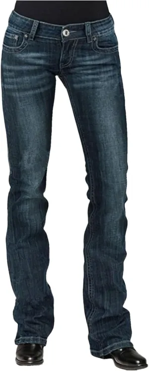 Women's Jeans Denim Jeans Stretch Mid Waisted Pants Button Straight Leg Jeans Skinny Fit Embroidered Trousers