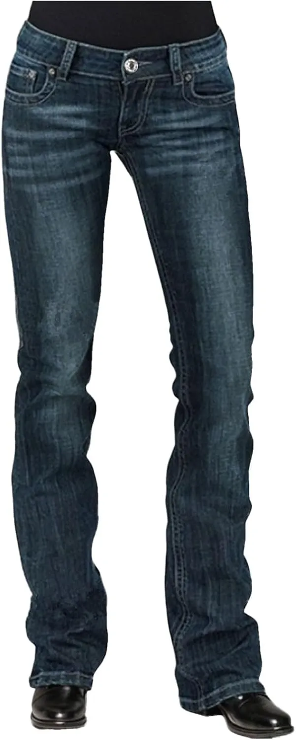 Women's Jeans Denim Jeans Stretch Mid Waisted Pants Button Straight Leg Jeans Skinny Fit Embroidered Trousers