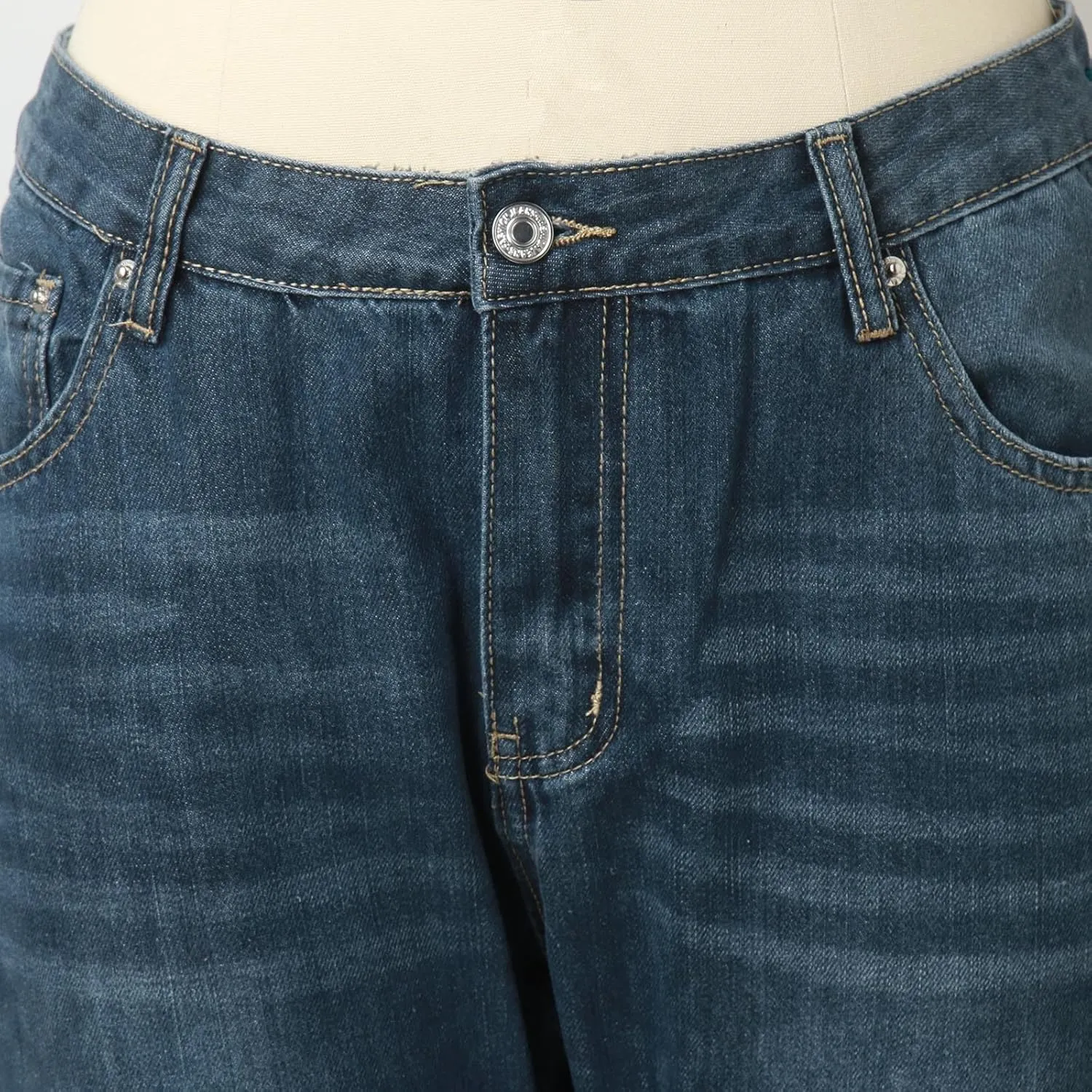 Women's Jeans Denim Jeans Stretch Mid Waisted Pants Button Straight Leg Jeans Skinny Fit Embroidered Trousers