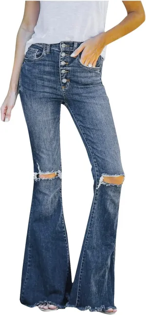 Womens Jeans High Waisted Stretchy Bell Bottom Jeans Ripped Skinny Flare Denim Pants Totally Shaping Bootcut Jeans