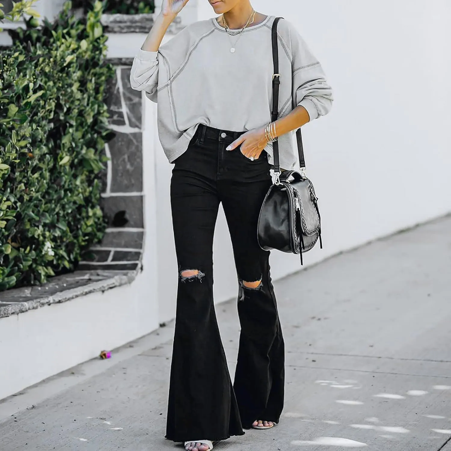 Womens Jeans High Waisted Stretchy Bell Bottom Jeans Ripped Skinny Flare Denim Pants Totally Shaping Bootcut Jeans