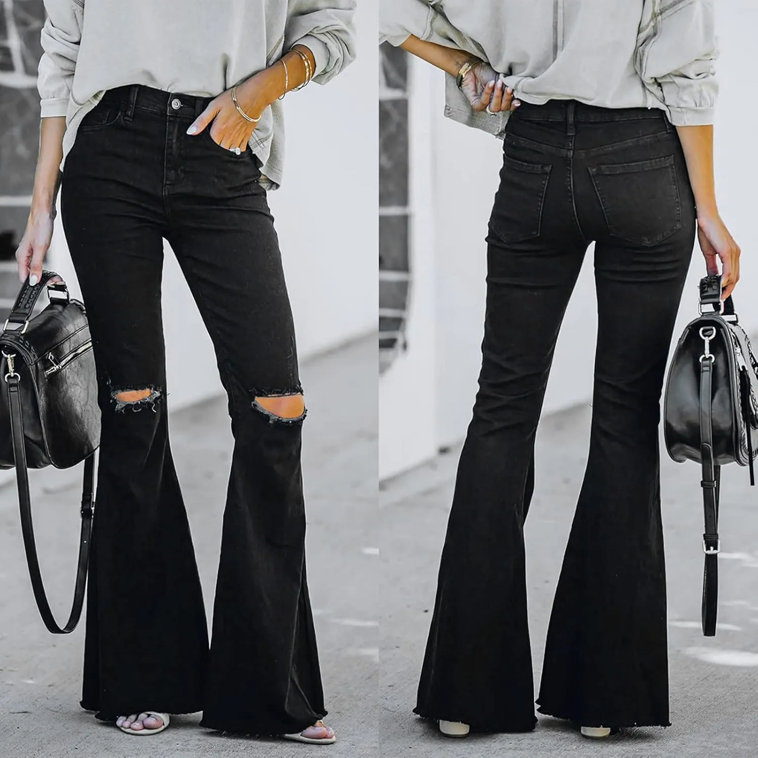 Womens Jeans High Waisted Stretchy Bell Bottom Jeans Ripped Skinny Flare Denim Pants Totally Shaping Bootcut Jeans