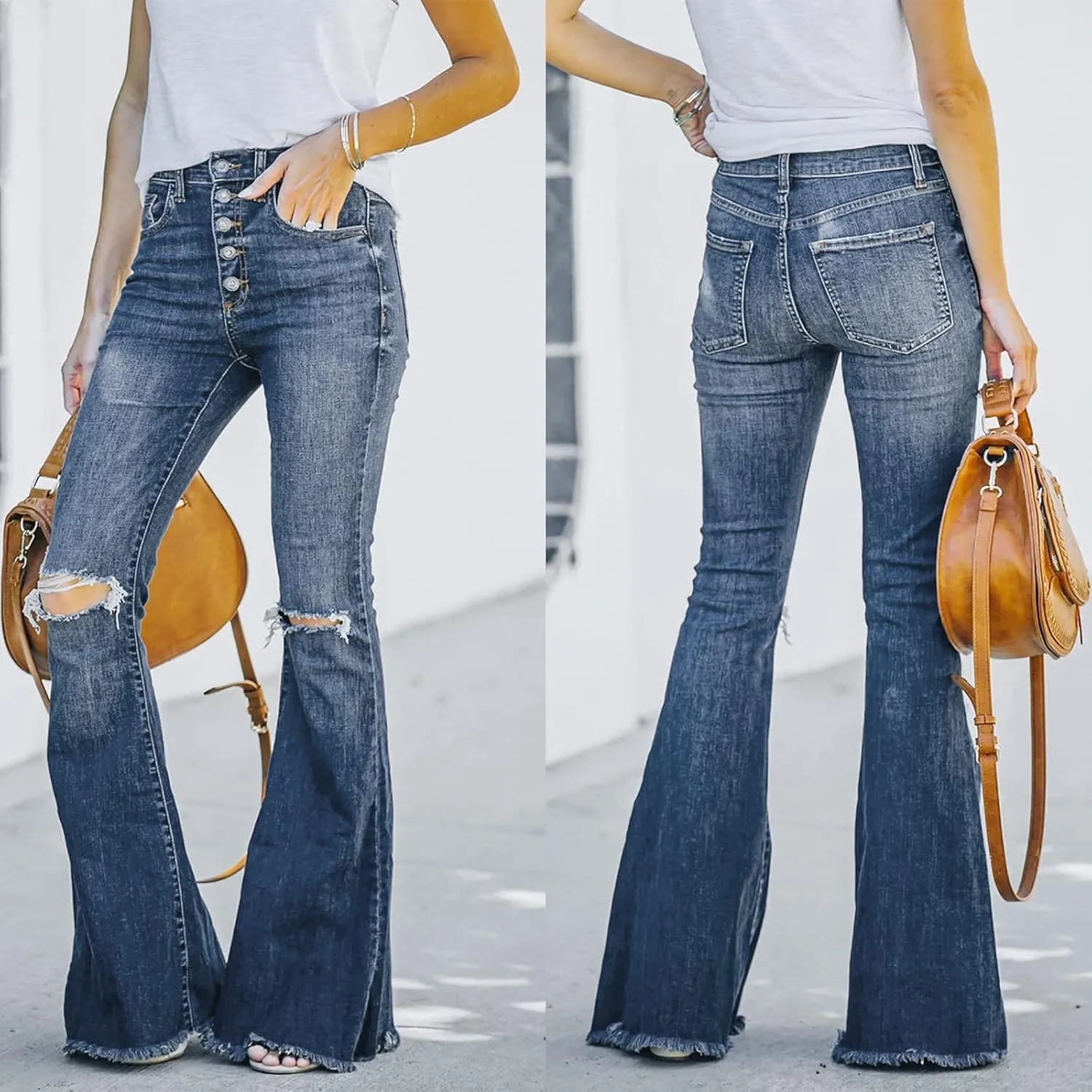 Womens Jeans High Waisted Stretchy Bell Bottom Jeans Ripped Skinny Flare Denim Pants Totally Shaping Bootcut Jeans