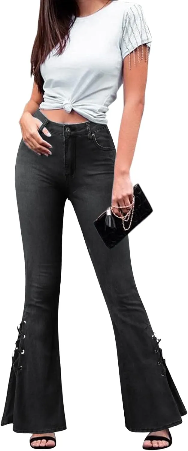 Womens Jeans Up Mid Pants Waisted Trousers Jeans Lace Poket Denim Women's Jeans Jeans for Women Trendy Black Pants