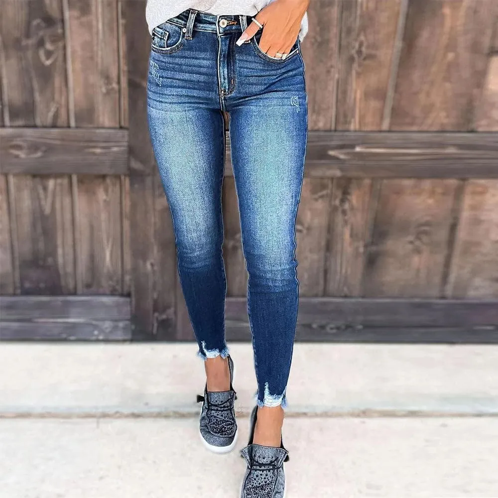 Womens Jeans with Tassels Street Fashion Denim Jeans Skinny Fit and Burrs Blue Retro Art Jeans for Women
