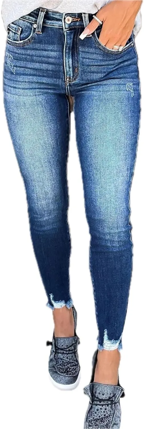 Womens Jeans with Tassels Street Fashion Denim Jeans Skinny Fit and Burrs Blue Retro Art Jeans for Women