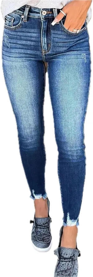 Womens Jeans with Tassels Street Fashion Denim Jeans Skinny Fit and Burrs Blue Retro Art Jeans for Women