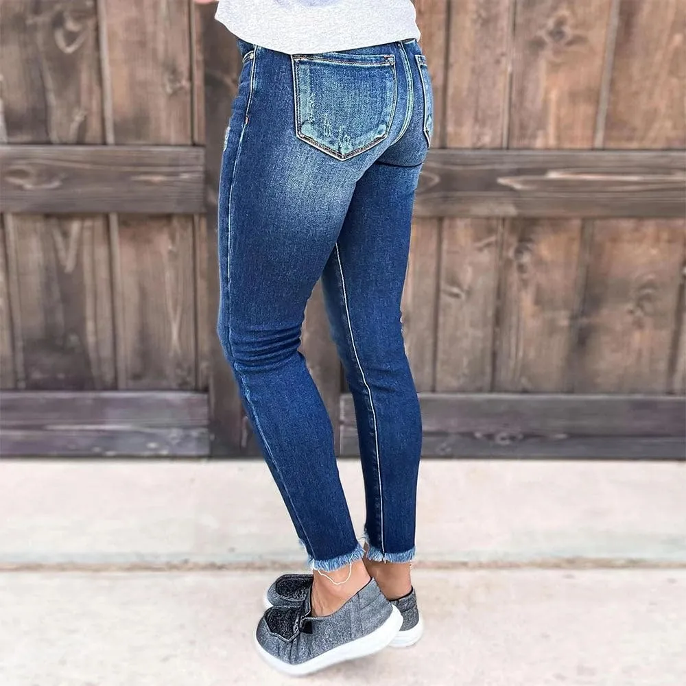 Womens Jeans with Tassels Street Fashion Denim Jeans Skinny Fit and Burrs Blue Retro Art Jeans for Women