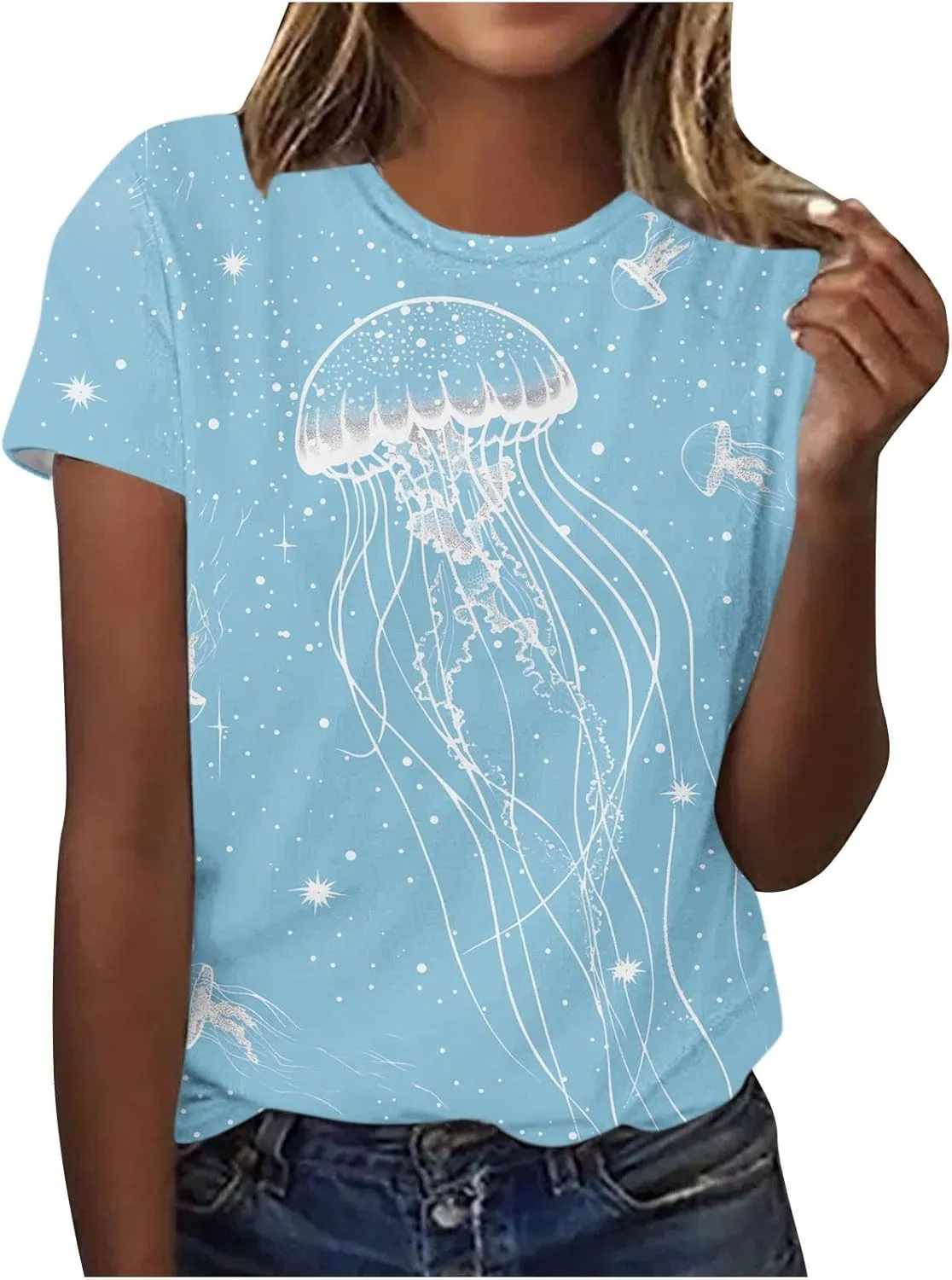 Women's Jellyfish Print Cute Summer T Shirts Short Sleeve Basic Casual Crewneck Tops Loose Fit Blouse Workout Clothes