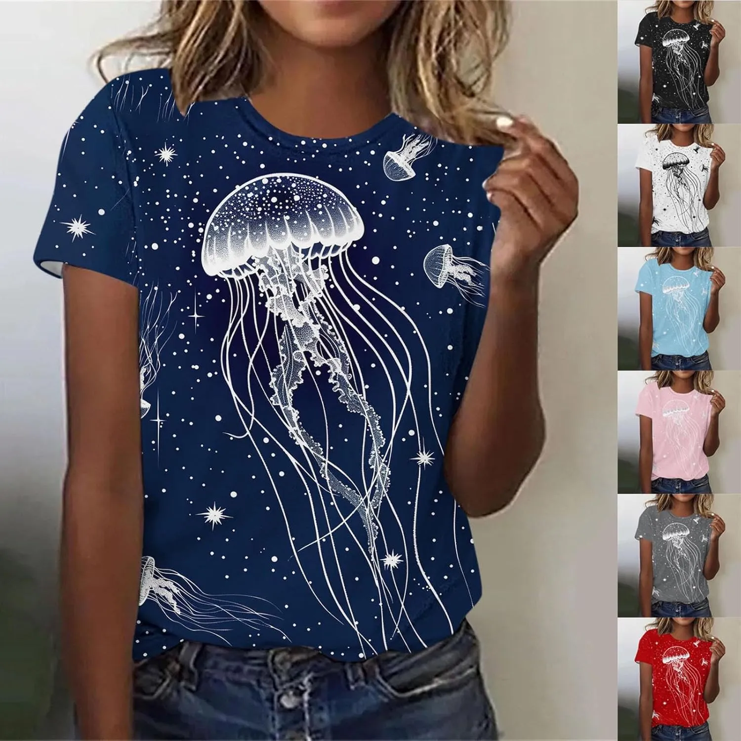 Women's Jellyfish Print Cute Summer T Shirts Short Sleeve Basic Casual Crewneck Tops Loose Fit Blouse Workout Clothes