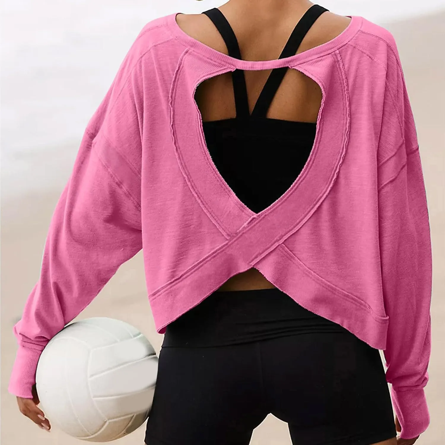 Women's Key Hole Back Shirts for Women Crew Neck Hollow Out Curve Hem Blouses Baggy Loose Solid Active Gym Shirts