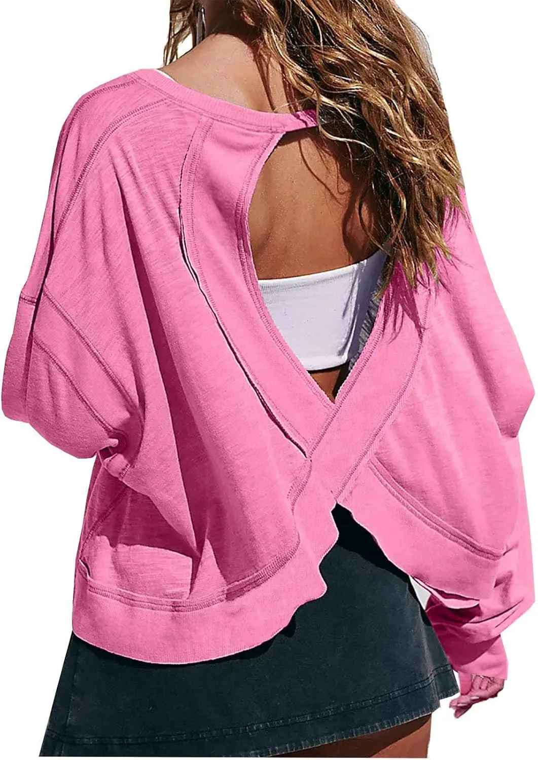 Women's Key Hole Back Shirts for Women Crew Neck Hollow Out Curve Hem Blouses Baggy Loose Solid Active Gym Shirts