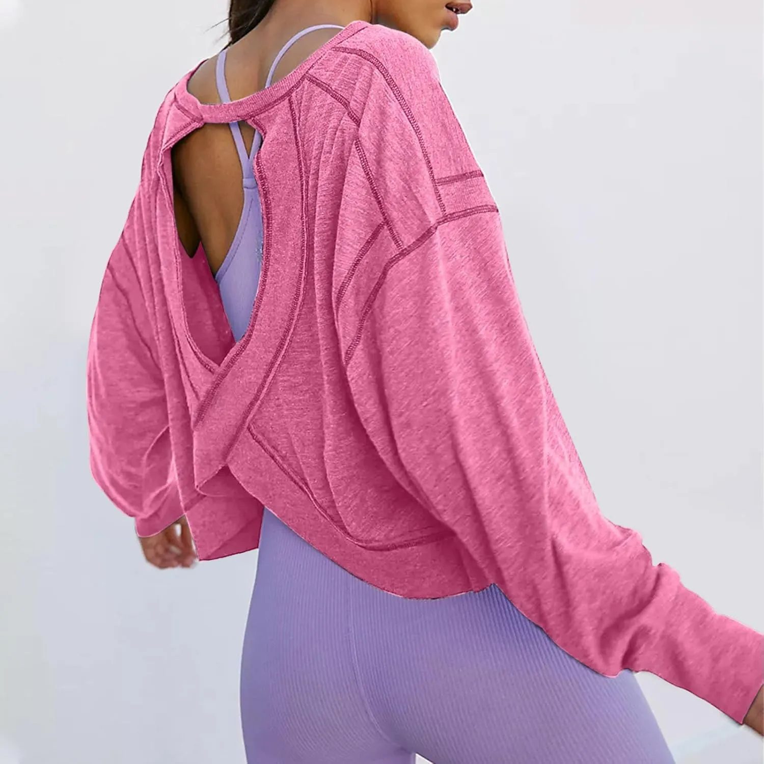 Women's Key Hole Back Shirts for Women Crew Neck Hollow Out Curve Hem Blouses Baggy Loose Solid Active Gym Shirts
