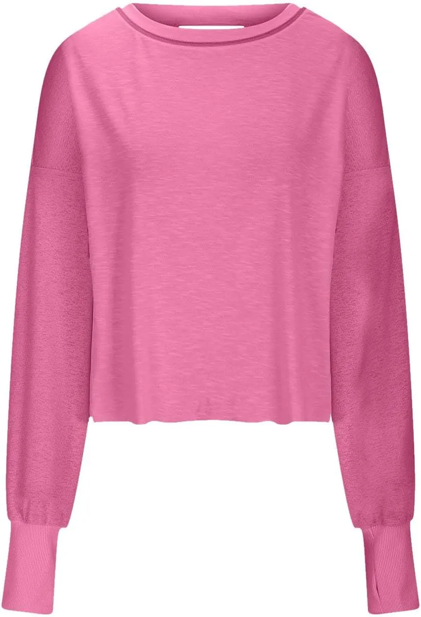 Women's Key Hole Back Shirts for Women Crew Neck Hollow Out Curve Hem Blouses Baggy Loose Solid Active Gym Shirts