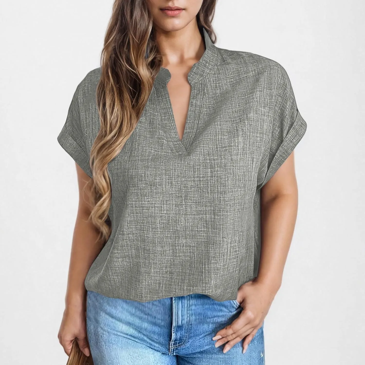 Women's Linen Shirts Short Sleeve Summer Tops V Neck Casual Blouses Loose Fit Tunic Tops Comfy Tshirts Cruise Wear