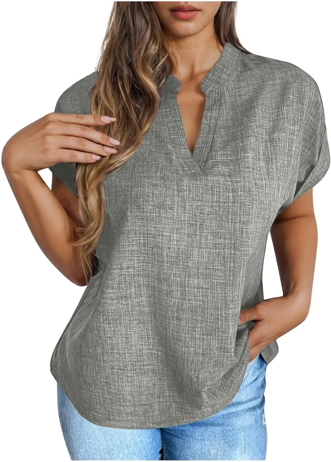 Women's Linen Shirts Short Sleeve Summer Tops V Neck Casual Blouses Loose Fit Tunic Tops Comfy Tshirts Cruise Wear