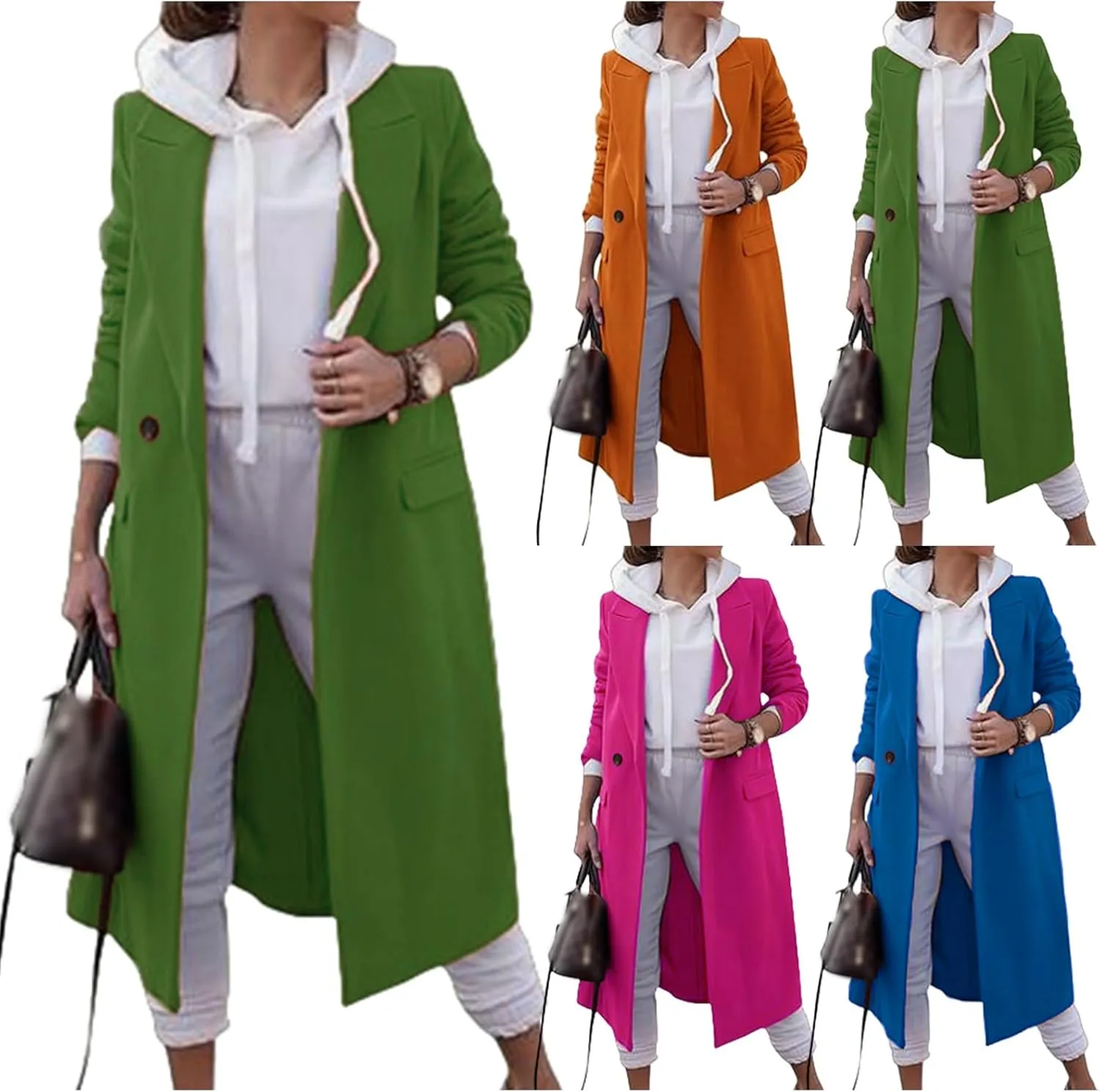 Women's Long Coat Wool Blend Trench Jacket Lapel Collar Double Breasted Peacoat Thick Warm Winter Outwear with Pocket