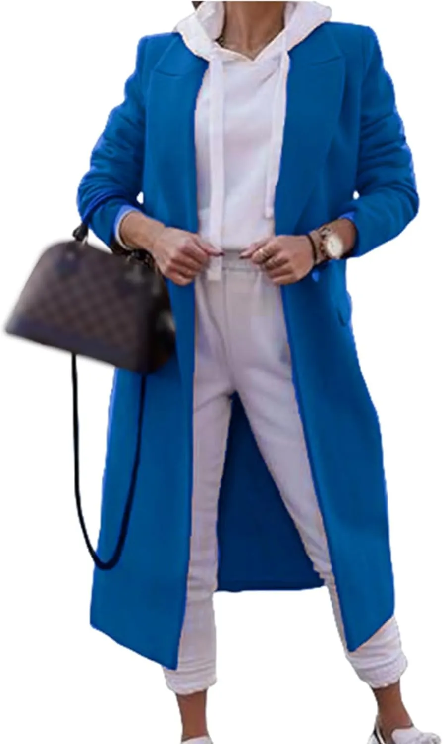 Women's Long Coat Wool Blend Trench Jacket Lapel Collar Double Breasted Peacoat Thick Warm Winter Outwear with Pocket