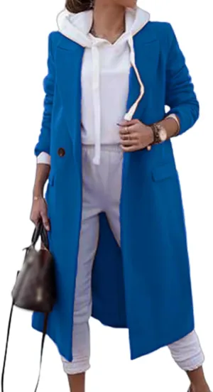 Women's Long Coat Wool Blend Trench Jacket Lapel Collar Double Breasted Peacoat Thick Warm Winter Outwear with Pocket