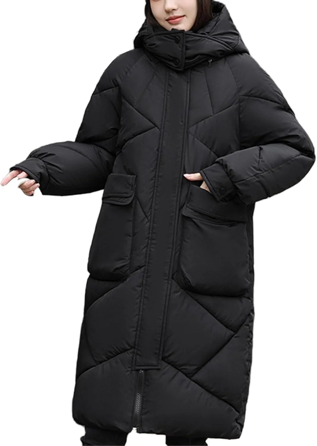 Womens Long Down Puffer Jacket Water-Resistant Longer Length Parka Jacket with Oversized Packets