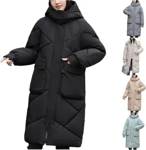 Womens Long Down Puffer Jacket Water-Resistant Longer Length Parka Jacket with Oversized Packets