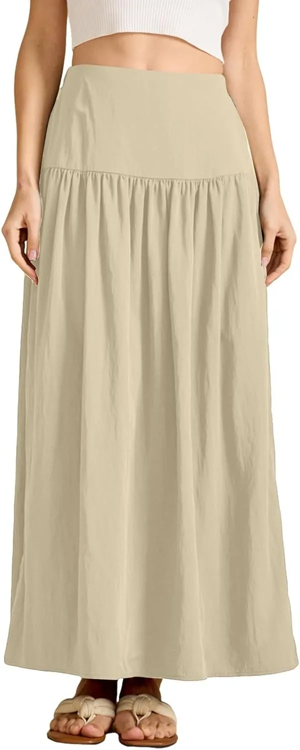 Women's Long Elastic High Waist Retro Pleated A-Line Flared Maxi Skirts