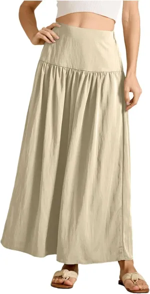 Women's Long Elastic High Waist Retro Pleated A-Line Flared Maxi Skirts