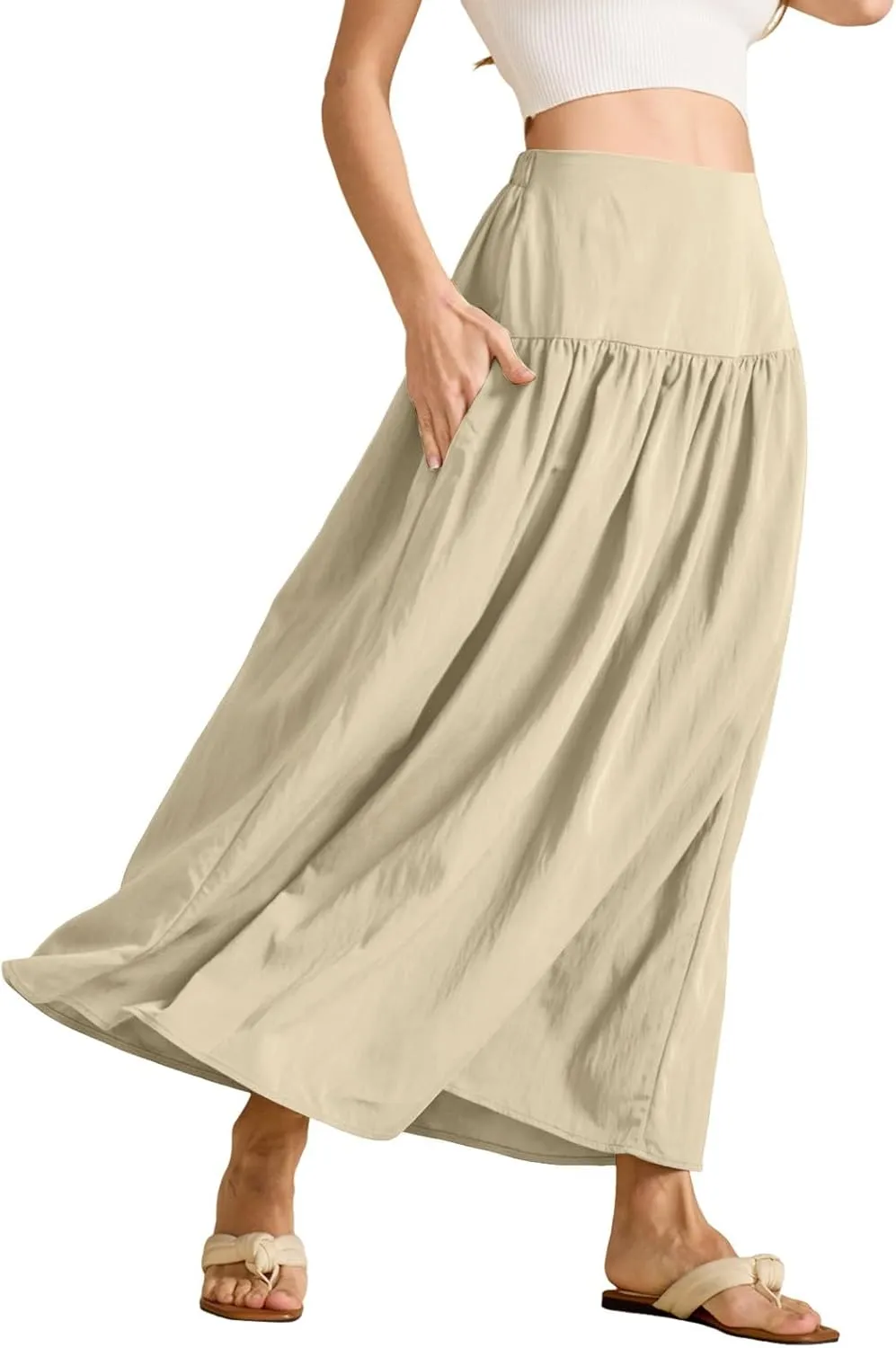 Women's Long Elastic High Waist Retro Pleated A-Line Flared Maxi Skirts