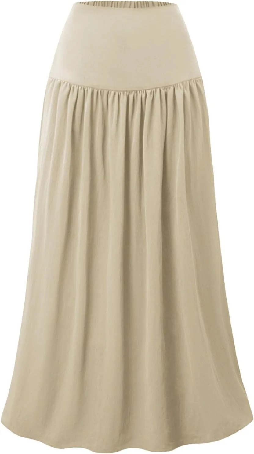 Women's Long Elastic High Waist Retro Pleated A-Line Flared Maxi Skirts