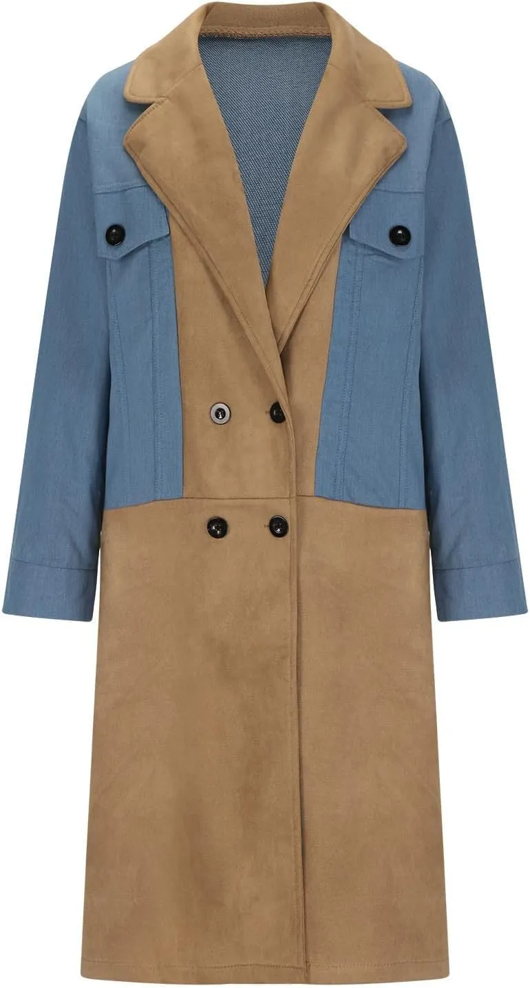 Women's Long Jean Jacket Colorblock Long Sleeve Notched Collar Coat Mid Length Button Down Denim Outwear