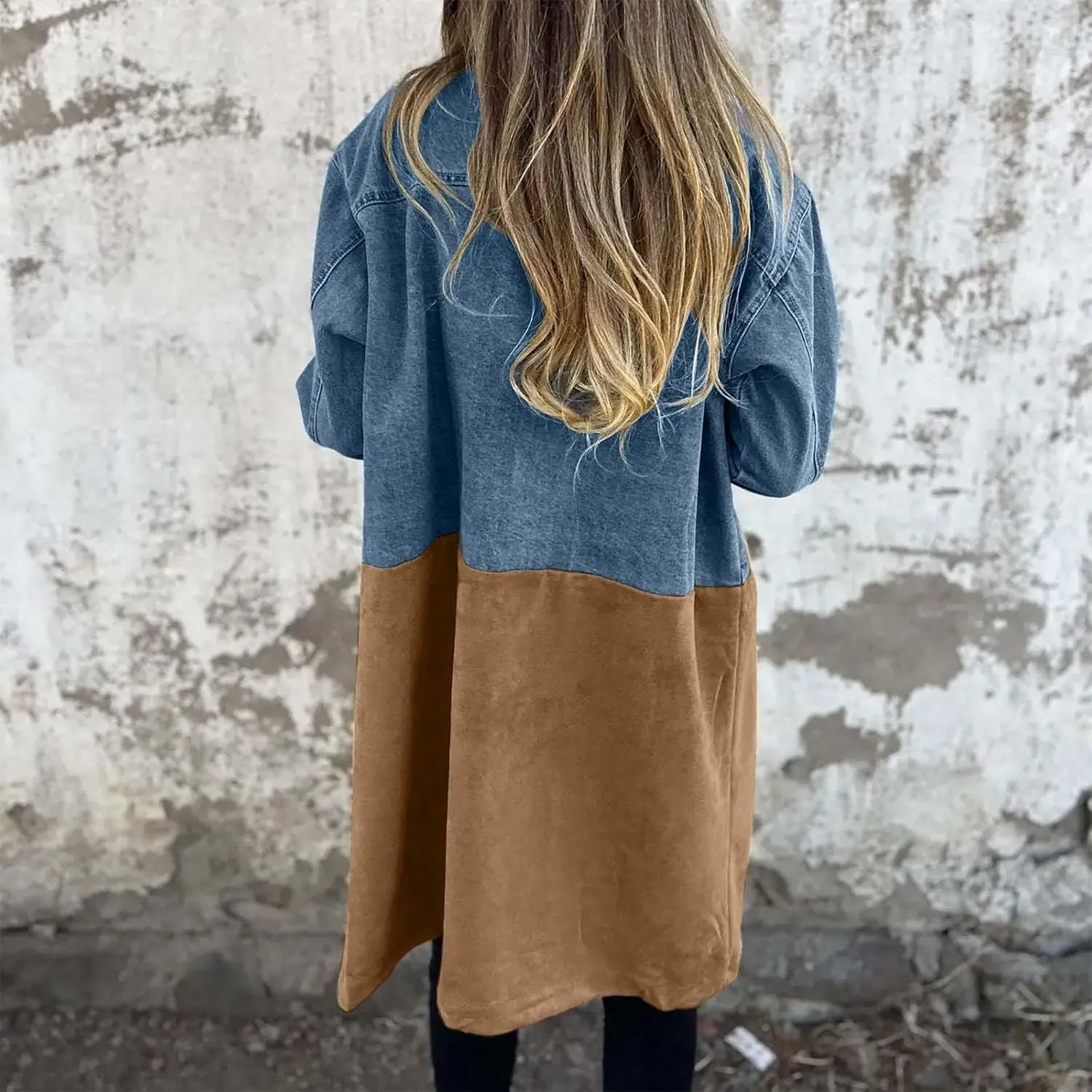 Women's Long Jean Jacket Colorblock Long Sleeve Notched Collar Coat Mid Length Button Down Denim Outwear