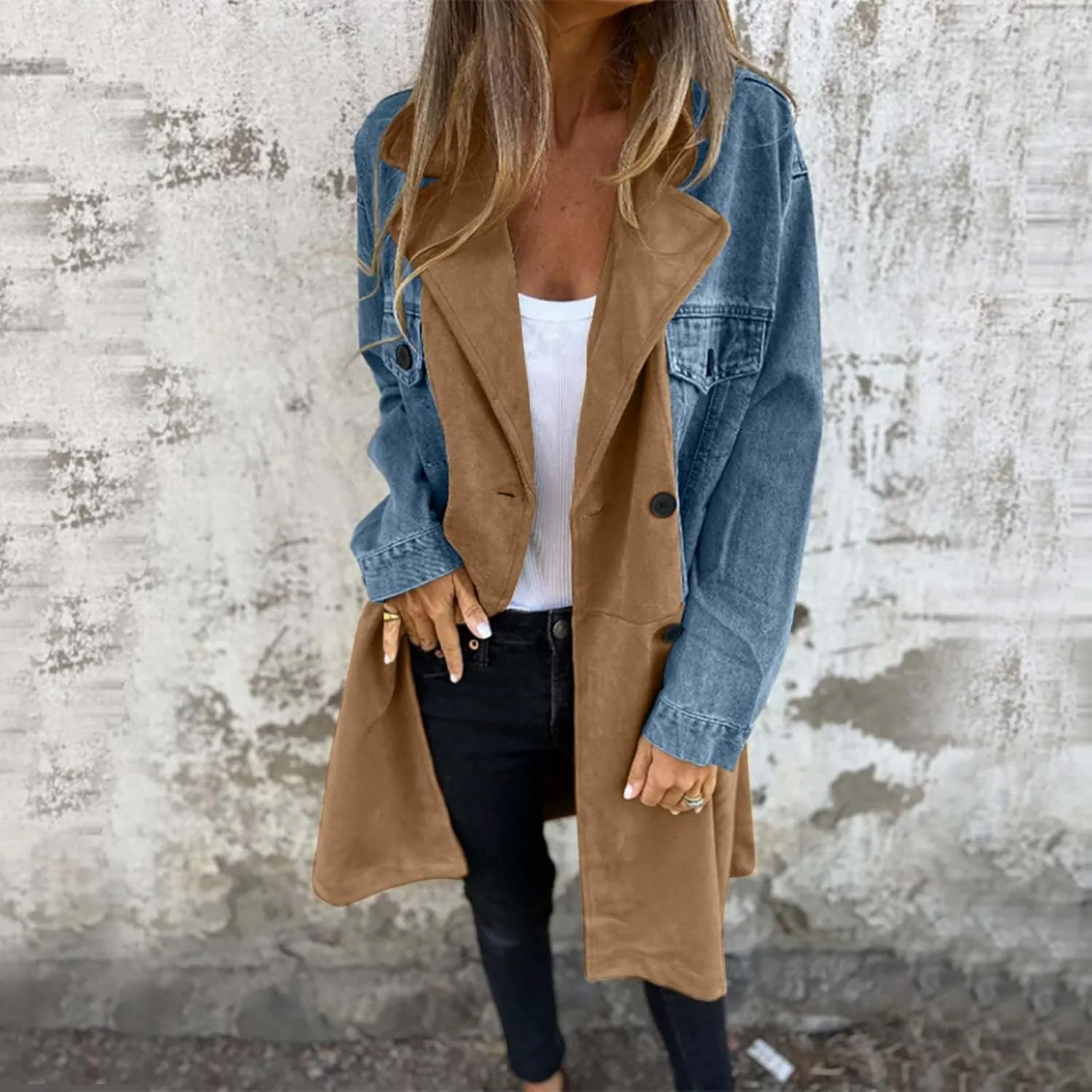 Women's Long Jean Jacket Colorblock Long Sleeve Notched Collar Coat Mid Length Button Down Denim Outwear