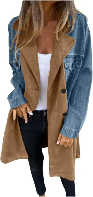 Women's Long Jean Jacket Colorblock Long Sleeve Notched Collar Coat Mid Length Button Down Denim Outwear