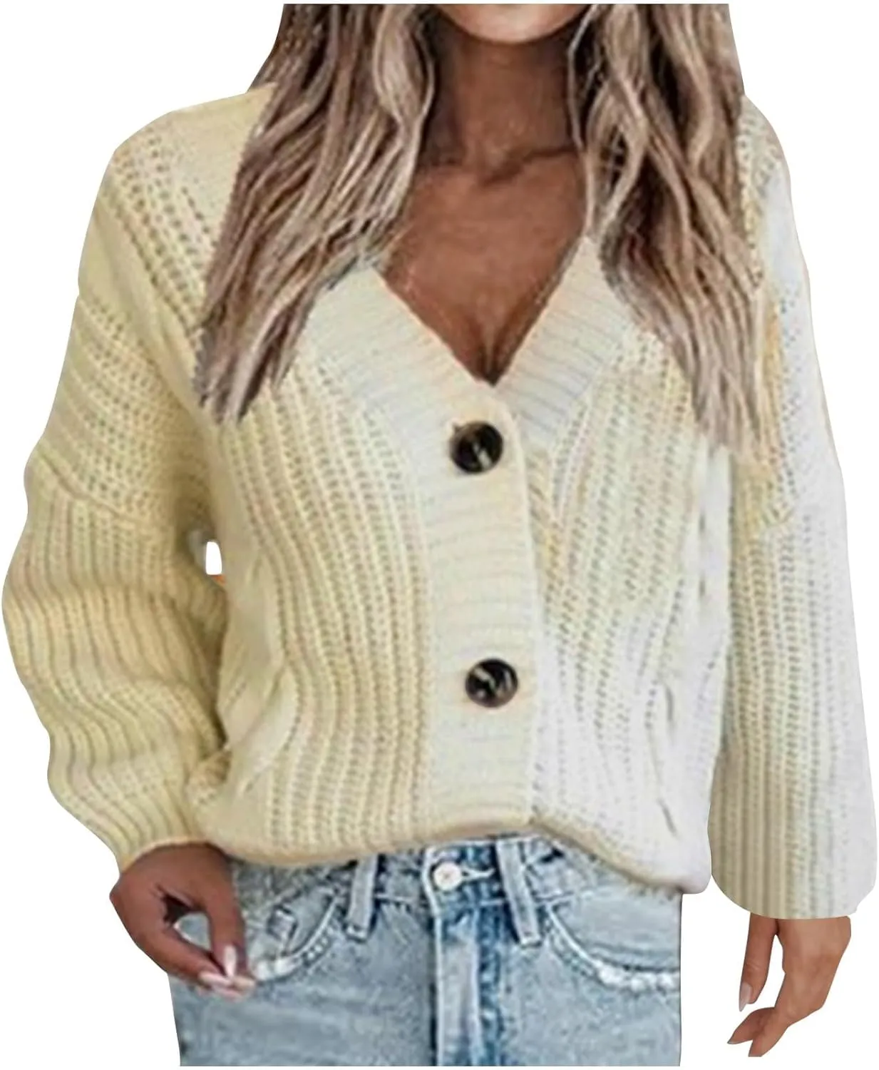 Womens Long Sleeve Cardigans Button Down Chunky Knit Sweaters Casual V Neck Shirts Loose Fit Jumpers Winter Coats