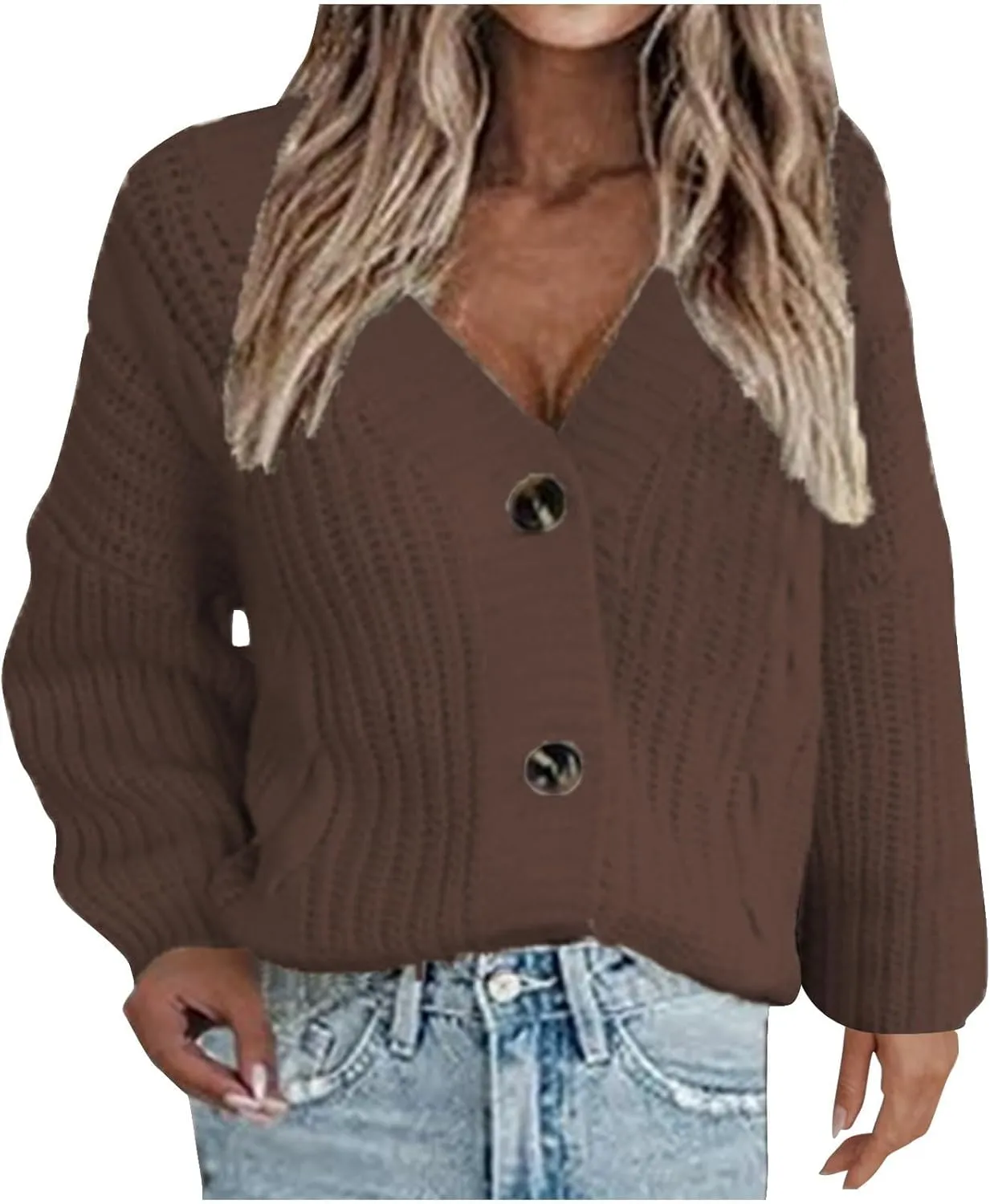 Womens Long Sleeve Cardigans Button Down Chunky Knit Sweaters Casual V Neck Shirts Loose Fit Jumpers Winter Coats