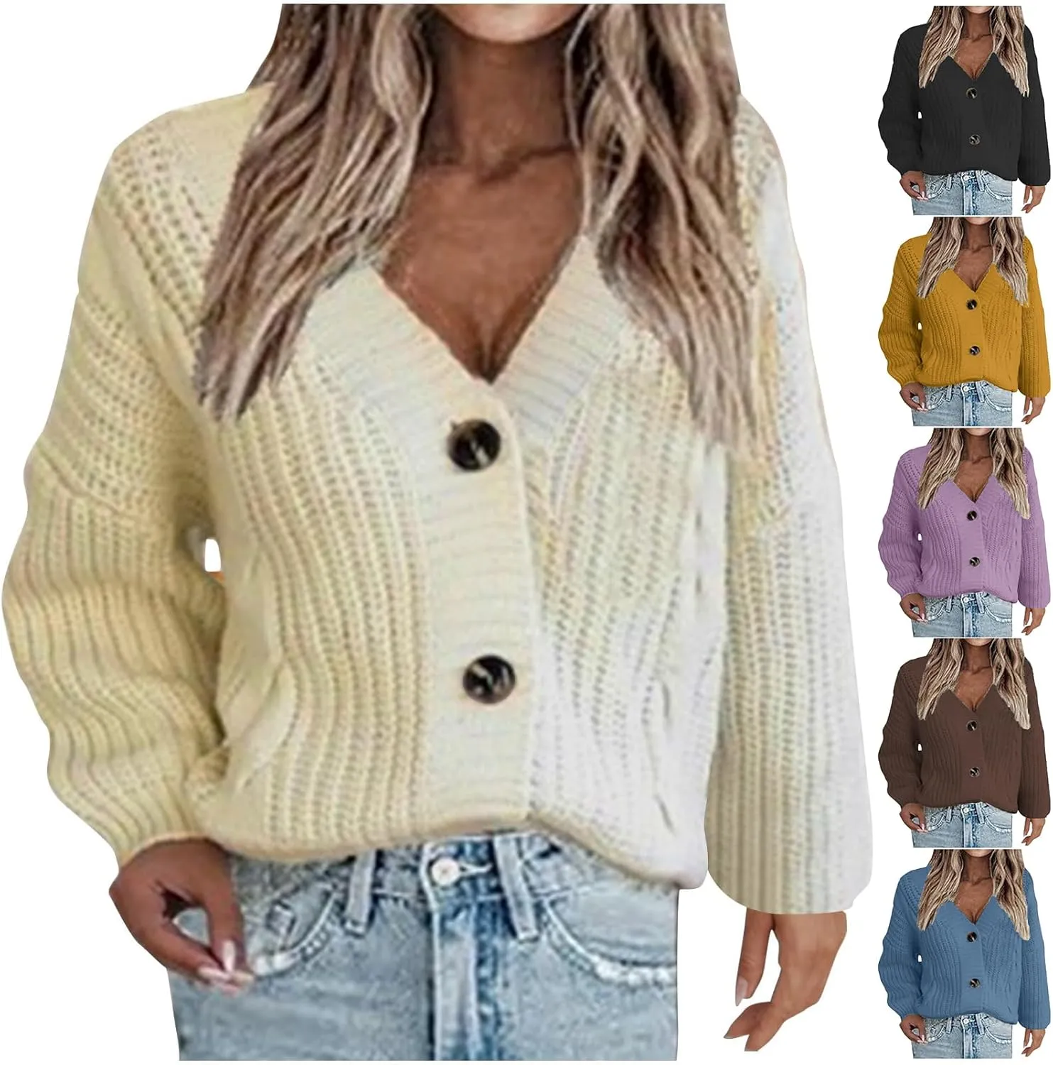 Womens Long Sleeve Cardigans Button Down Chunky Knit Sweaters Casual V Neck Shirts Loose Fit Jumpers Winter Coats
