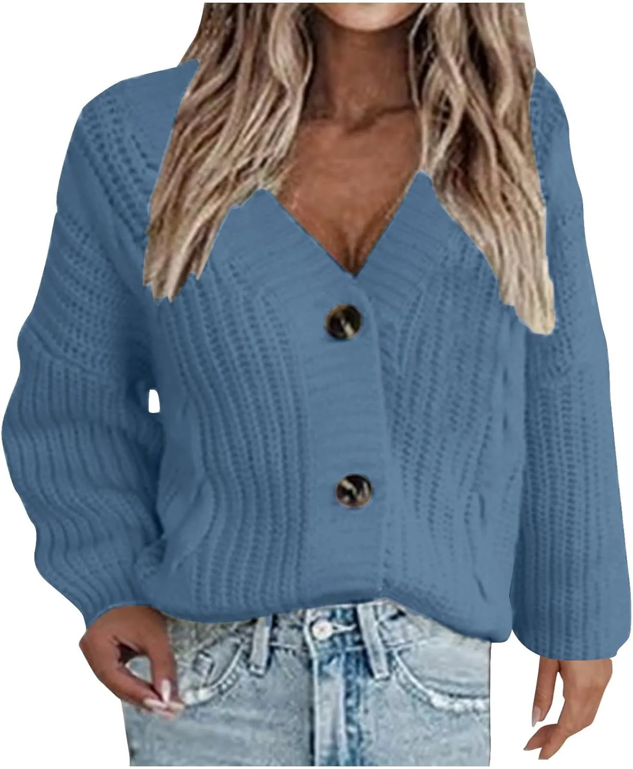 Womens Long Sleeve Cardigans Button Down Chunky Knit Sweaters Casual V Neck Shirts Loose Fit Jumpers Winter Coats
