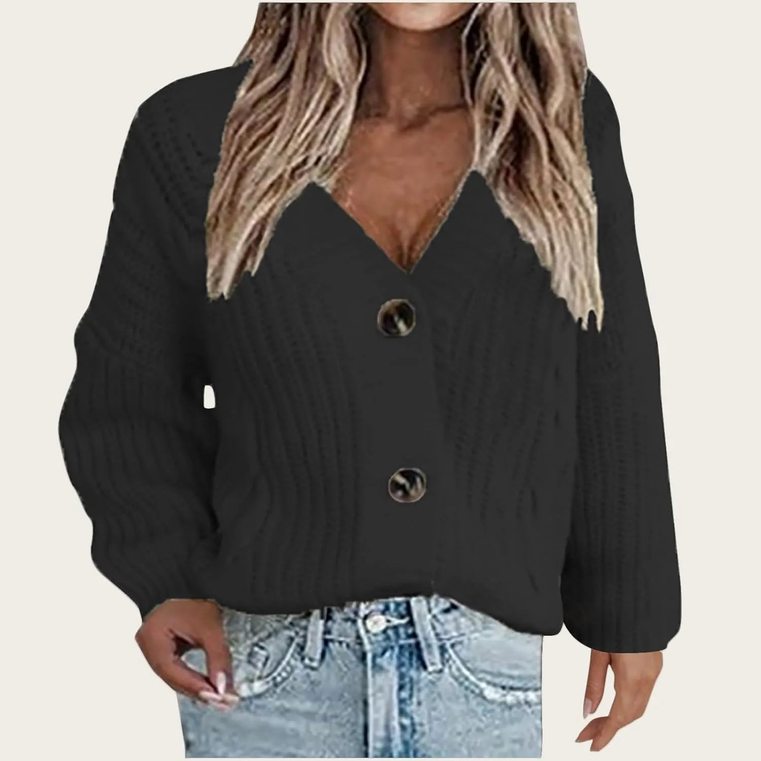 Womens Long Sleeve Cardigans Button Down Chunky Knit Sweaters Casual V Neck Shirts Loose Fit Jumpers Winter Coats