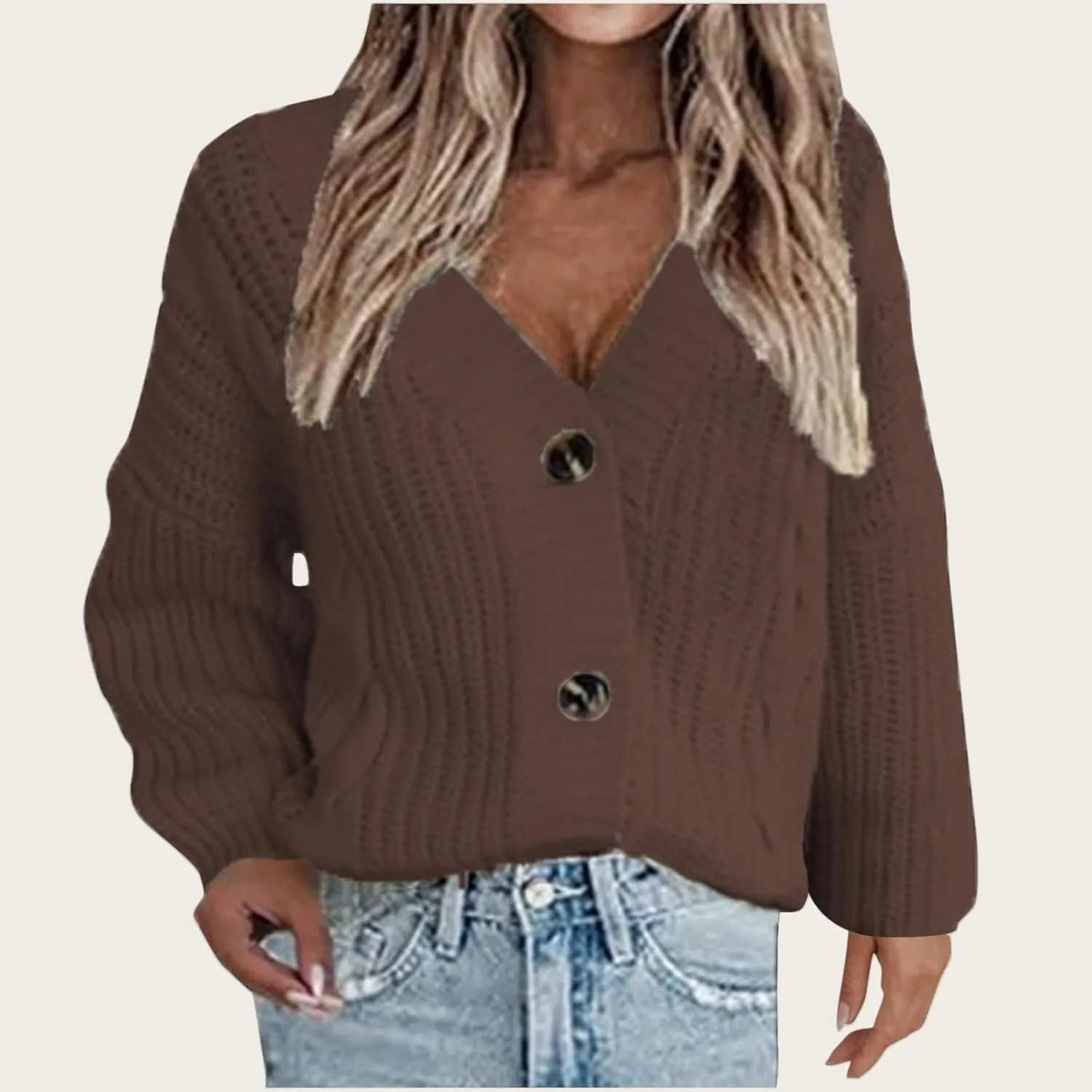 Womens Long Sleeve Cardigans Button Down Chunky Knit Sweaters Casual V Neck Shirts Loose Fit Jumpers Winter Coats