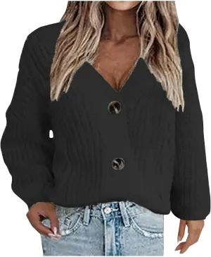 Womens Long Sleeve Cardigans Button Down Chunky Knit Sweaters Casual V Neck Shirts Loose Fit Jumpers Winter Coats