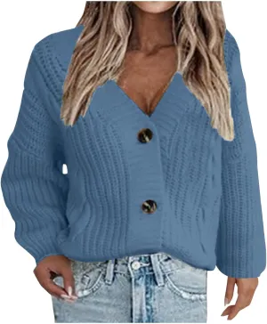 Womens Long Sleeve Cardigans Button Down Chunky Knit Sweaters Casual V Neck Shirts Loose Fit Jumpers Winter Coats