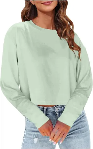 Womens Long Sleeve Cropped T-Shirts Round Neck Drop Shoulder Crop Sweatshirts Solid Casual Crop Tops Tees