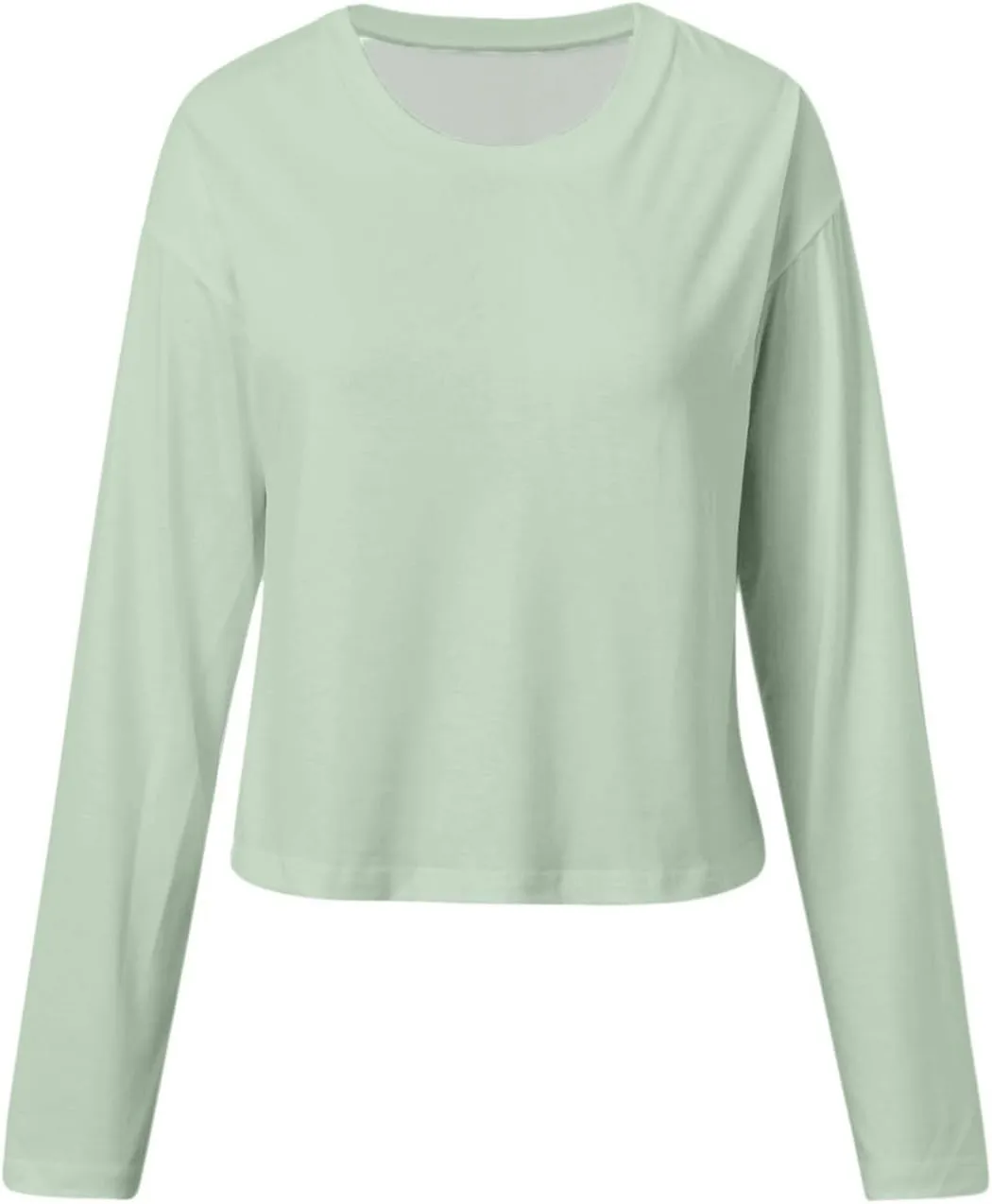 Womens Long Sleeve Cropped T-Shirts Round Neck Drop Shoulder Crop Sweatshirts Solid Casual Crop Tops Tees