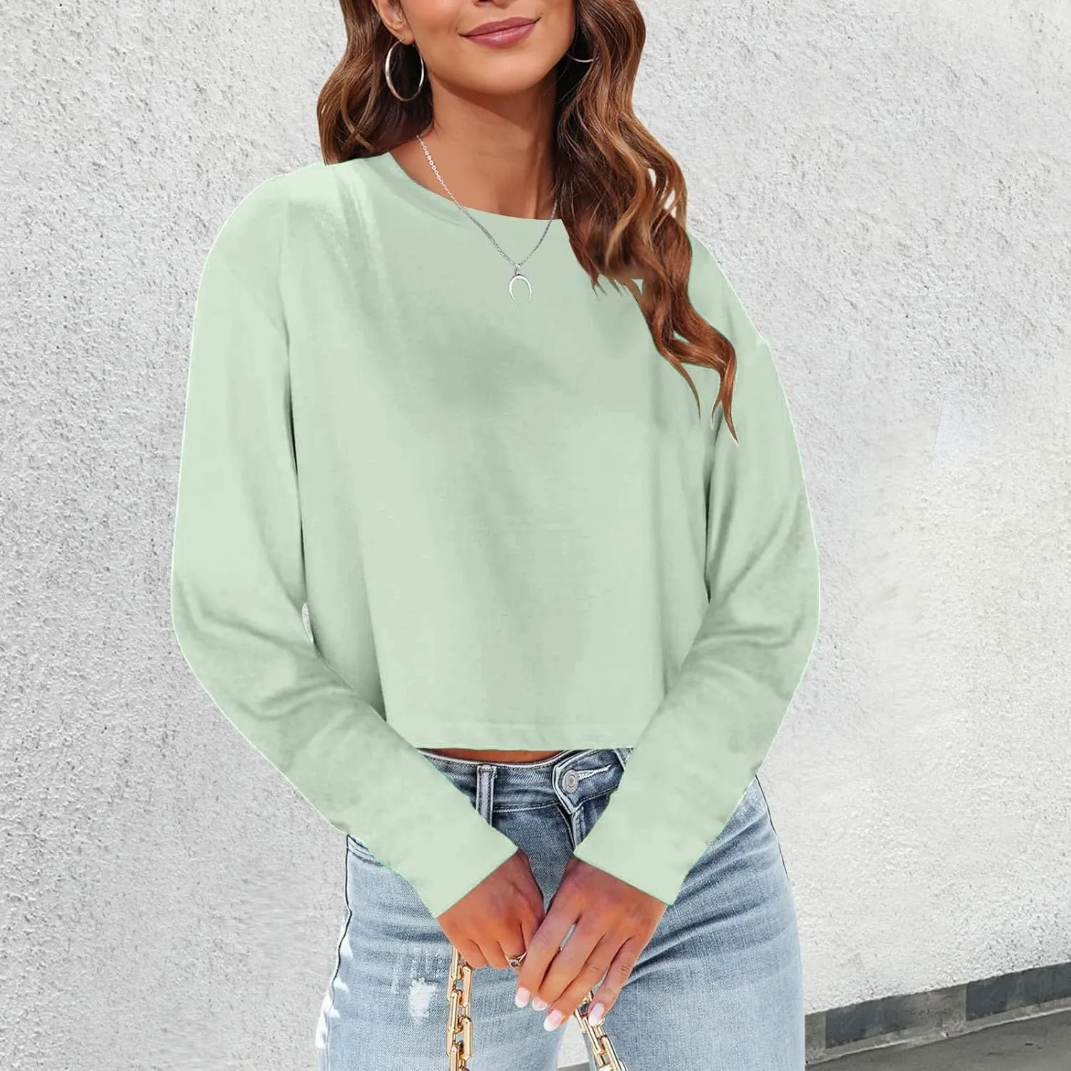 Womens Long Sleeve Cropped T-Shirts Round Neck Drop Shoulder Crop Sweatshirts Solid Casual Crop Tops Tees