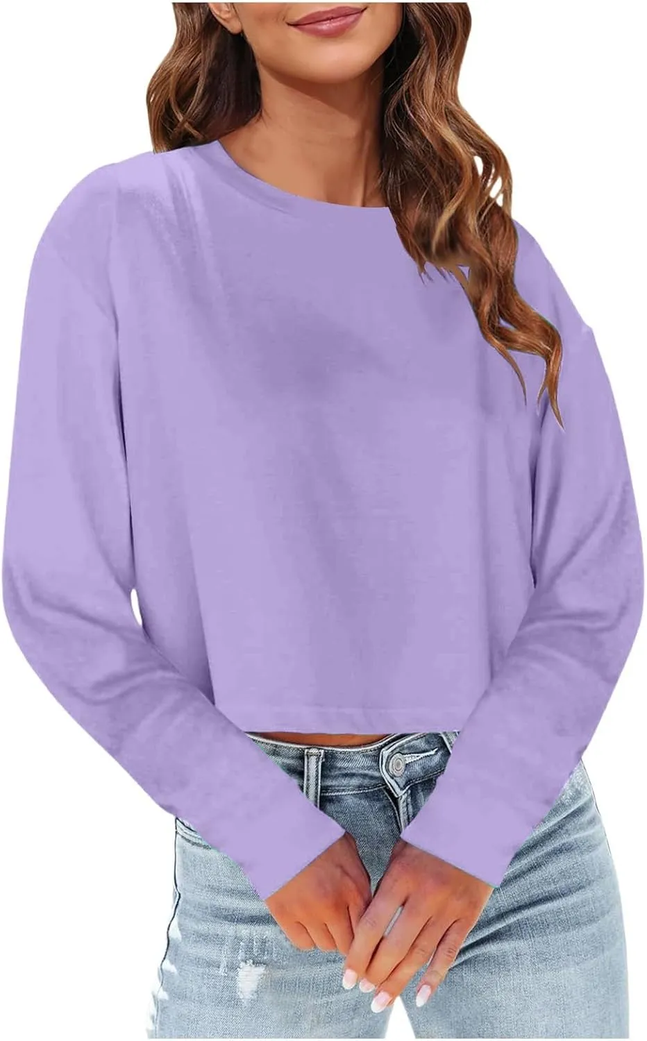 Womens Long Sleeve Cropped T-Shirts Round Neck Drop Shoulder Crop Sweatshirts Solid Casual Crop Tops
