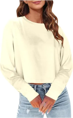 Womens Long Sleeve Cropped T-Shirts Round Neck Drop Shoulder Crop Sweatshirts Solid Casual Crop Tops
