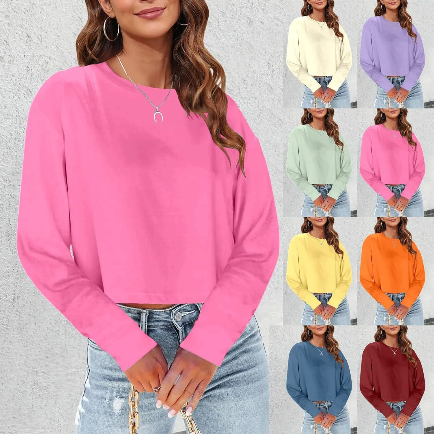 Womens Long Sleeve Cropped T-Shirts Round Neck Drop Shoulder Crop Sweatshirts Solid Casual Crop Tops