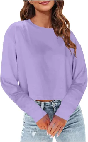 Womens Long Sleeve Cropped T-Shirts Round Neck Drop Shoulder Crop Sweatshirts Solid Casual Crop Tops