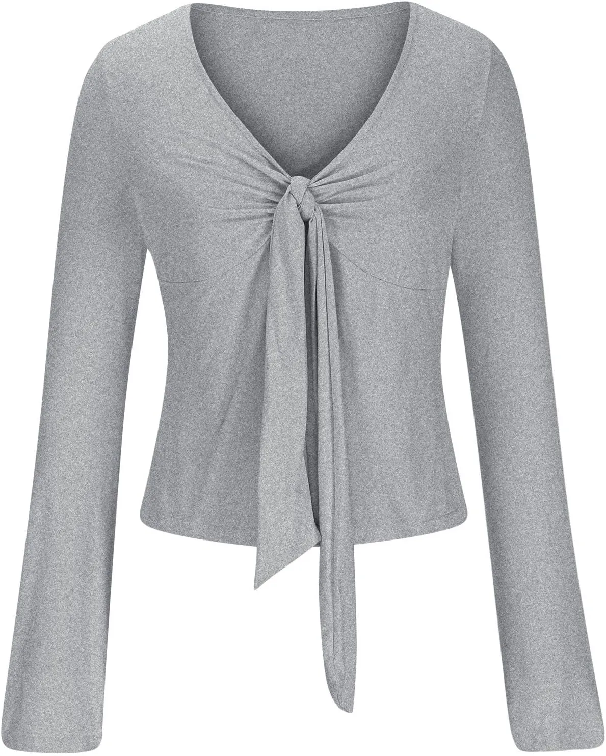 Women's Long Sleeve Deep V Neck Front Tie Bowknot Shirts Solid Color Ruched Split Trendy Blouse Y2K Slim Fit Crop Tops